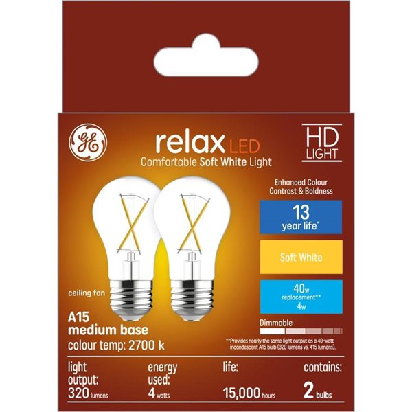Ge Relax Hd Soft White 40w Replacement Led Clear Ceiling Fan Medium Base A15 Light Bulbs 2 Pack Lowe S Canada - Ceiling Fan Light Bulbs Lowe S