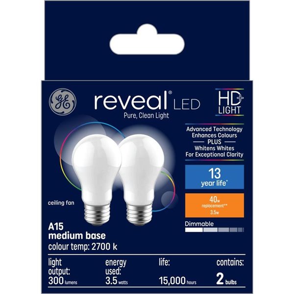 Ge Reveal Hd Colour Enhancing 40w, Types Of Bulbs For Ceiling Fans