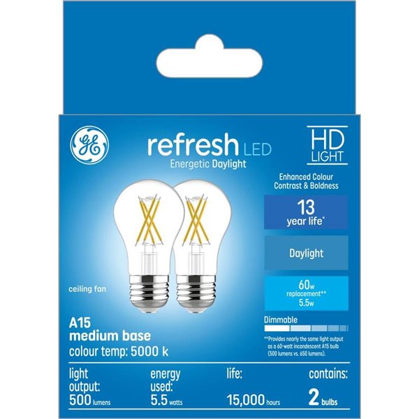 Ge Refresh Hd Daylight 60w Replacement Led Clear Ceiling Fan Medium Base A15 Light Bulbs 2 Pack Lowe S Canada - What Watt Bulb For Ceiling Fan