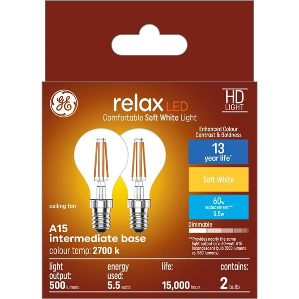 Ge Relax Hd Soft White 60w Replacement Led Clear Ceiling Fan Intermediate Base A15 Light Bulbs 2 Pack Lowe S Canada - What Size Light Bulbs Do Ceiling Fans Take