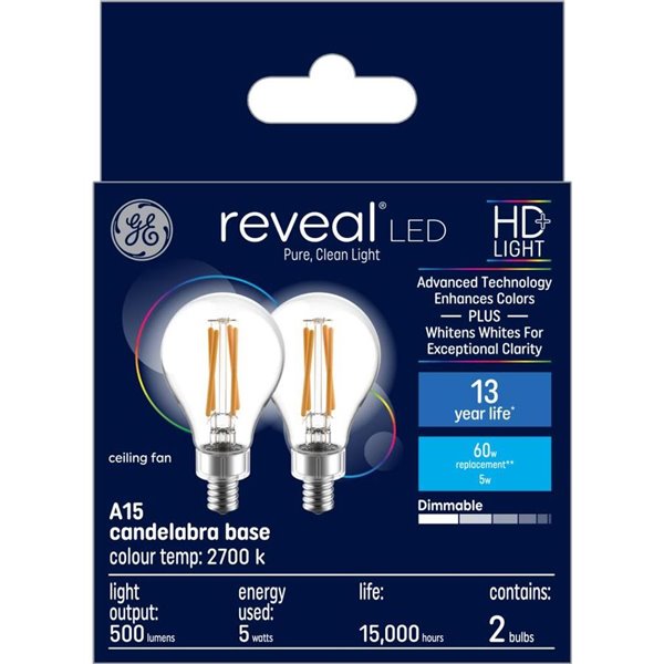 Ge Reveal Hd Colour Enhancing 60w Replacement Led Clear Ceiling Fan Candelabra Base A15 Light Bulbs 2 Pack Lowe S Canada - What Type Of Bulb For Ceiling Fan