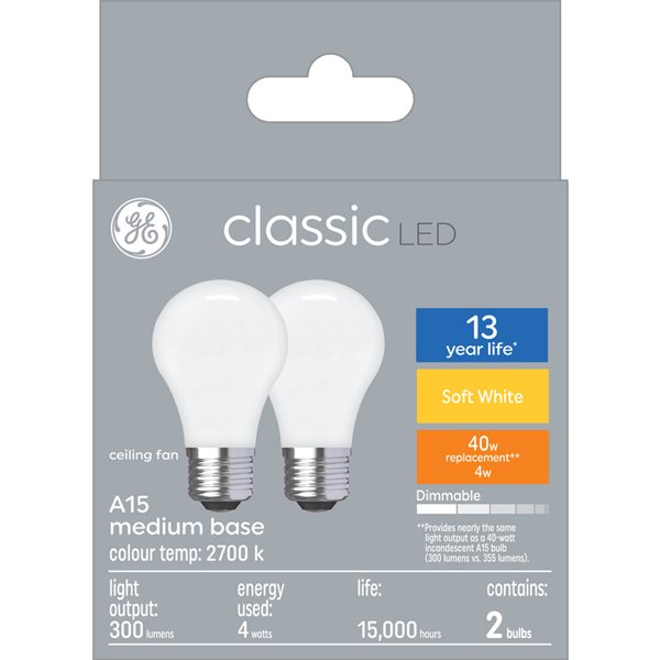 Ge Soft White 40w Replacement Led Ceiling Fan Medium Base A15 Light Bulbs 2 Pack Lowe S Canada - Light Bulb Ceiling Type