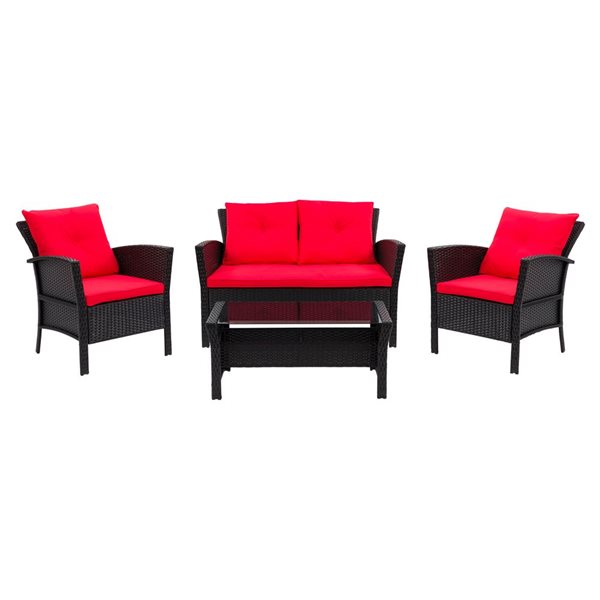 Corliving 4pc Rattan Wicker Patio Set, Black Wicker Outdoor Furniture With Red Cushions