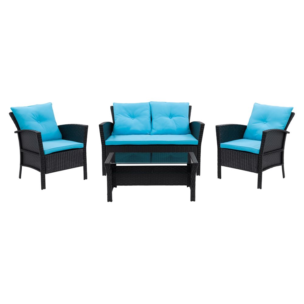 Image of CorLiving 4pc Rattan Wicker Patio Set with Blue Cushions