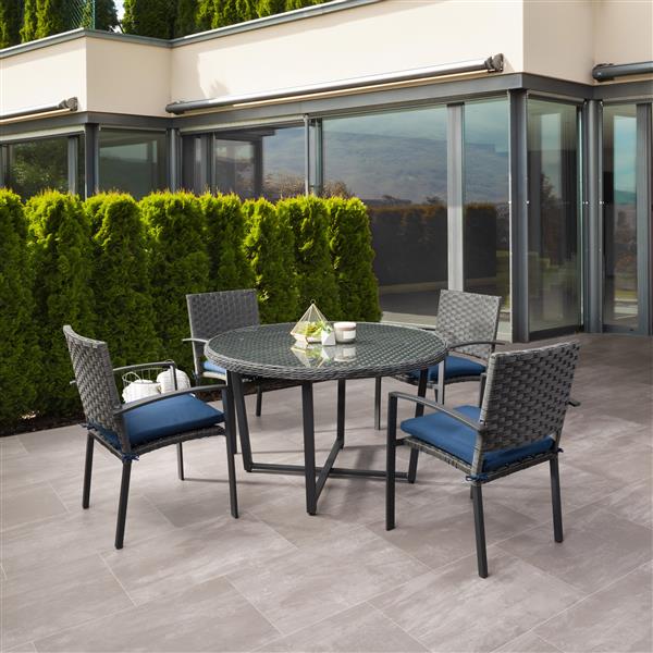 Corliving Rattan Patio Dining Set Charcoal Grey Blue Cushions 5 Pc Lowe S Canada - Rattan Patio Dining Set Canada