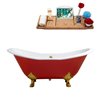 Streamline 30W x 61L Glossy Red Cast Iron Clawfoot Bathtub with Polished Gold Feet and Center Drain with Tray