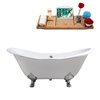 Streamline 31W x 72L Glossy White Cast Iron Clawfoot Bathtub with Polished Chrome Feet and Center Drain with Tray