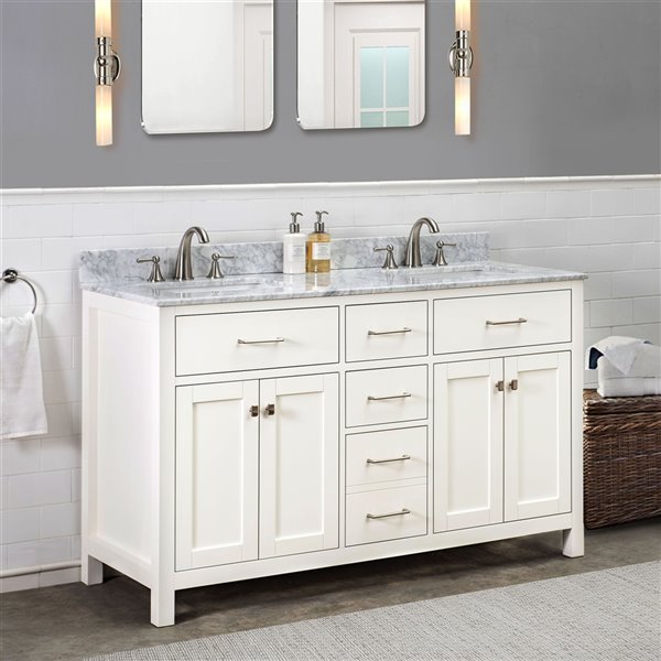 Double Rectangular Sink Bathroom Vanity, Kenston 60 White Double Sink Vanity With Backsplash