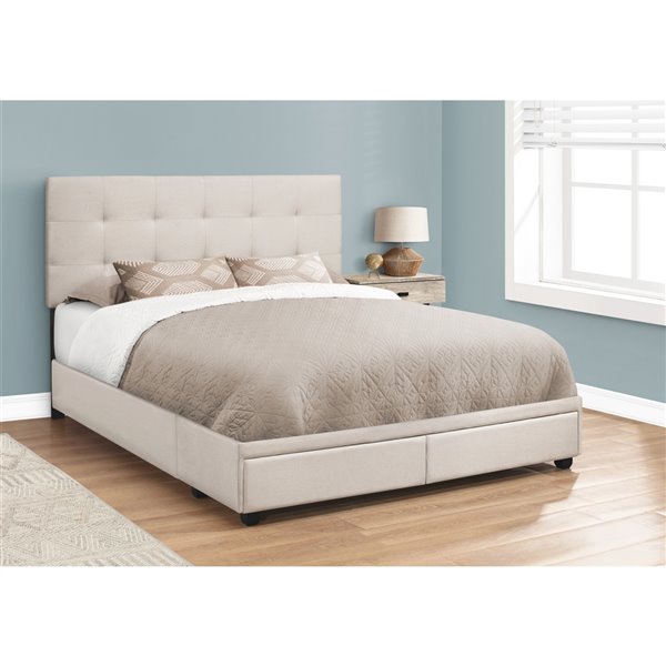 Monarch Specialties Bed In Beige Linen, Upholstered Bed Frame With Storage Canada