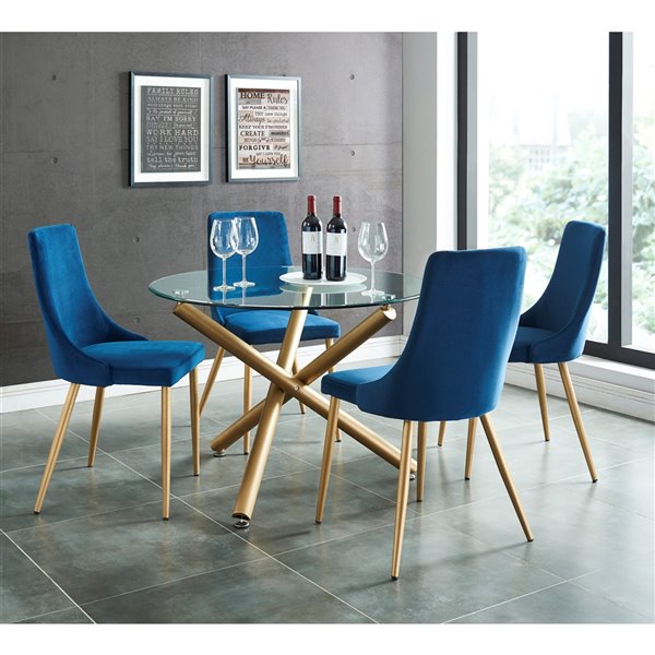 Worldwide Homefurnishings Contemporary, Round Glass Dining Table With Blue Chairs