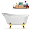 Streamline 32W x 67L Glossy White Acrylic Clawfoot Bathtub with Polished Gold Feet and Reversible Drain with Tray