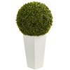 Nearly Natural Boxwood Topiary Ball Artificial Plant in White Planter - 28-in - Green