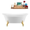 Streamline 28W x 59L Glossy White Acrylic Clawfoot Bathtub with Polished Gold Feet and Center Drain with Tray