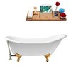 Streamline 30W x 67L Glossy White Cast Iron Clawfoot Bathtub with Polished Gold Feet and Reversible Drain with Tray