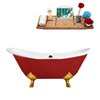 Streamline 31W x 72L Glossy Red Cast Iron Clawfoot Bathtub with Polished Gold Feet and Center Drain with Tray