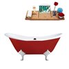 Streamline 30W x 61L Glossy Red Cast Iron Clawfoot Bathtub with Glossy White Feet and Center Drain with Tray
