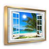 Designart 36-in x 46-in Window Open to Beach with Palm Seashore Gold Framed Canvas Art