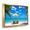 Designart 30-in x 40-in Turquoise Beach with Chairs Canvas Print with Gold Wood Frame