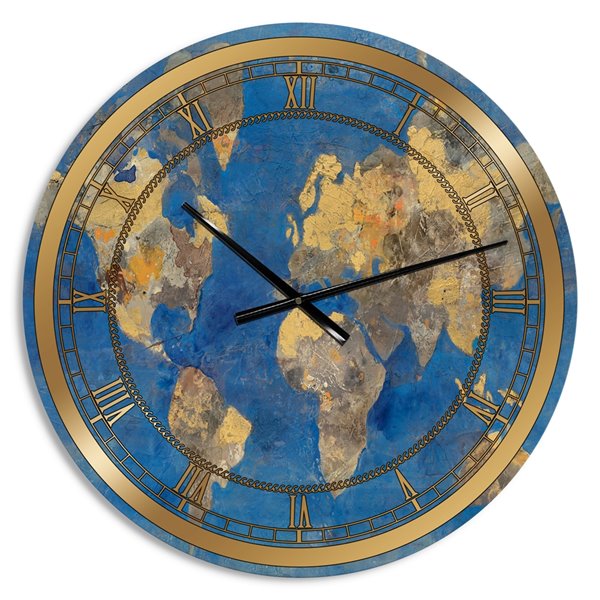 Designart Golden Glam World Map Large Og Round Wall Standard Clock Lowe S Canada - Large Blue Wall Clock Canada