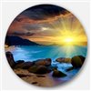Designart 11-in x 11-in Round Bright Yellow Sun over Blue Waters' Beach Metal Circle Wall Art