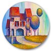 Designart 36-in H x 36-in W House with Red Roof in The Village - Modern Metal Circle Wall Art