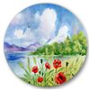 Designart Frameless 36-in x 36-in Red Tulips on the Bank Near A Mountain River Lake House