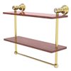 Allied Brass Carolina Crystal Satin Brass 2-Tier Wood Wall Mount Bathroom Shelf with Towel Bar