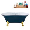 Streamline 32W x 60L Matte Light Blue Acrylic Clawfoot Bathtub with Polished Gold Feet and Center Drain with Tray