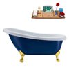 Streamline 28W x 61L Matte Dark Blue Acrylic Clawfoot Bathtub with Polished Gold Feet and Reversible Drain with Tray