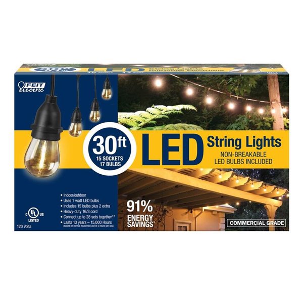 Feit Electric 15 Count Clear Led, Commercial Grade Heavy Duty Outdoor String Lights