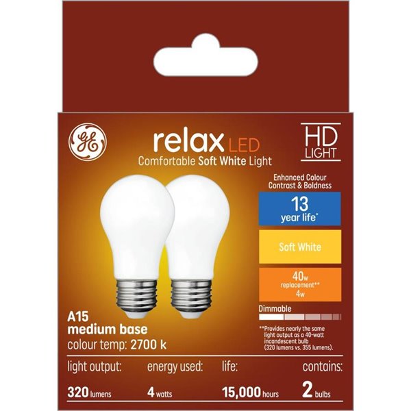 Ge Relax Hd Soft White 40w Replacement Led Ceiling Fan Medium Base A15 Light Bulbs 2 Pack Lowe S Canada - What Light Bulbs For Ceiling Fan