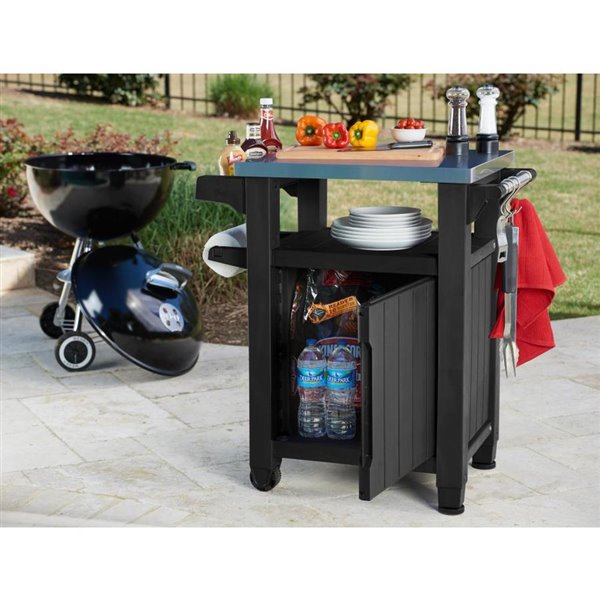 40 Gal Graphite Grey Grill Prep And, Portable Outdoor Table And Storage Cabinet With Hooks For Grill Accessories Stainless Steel Top